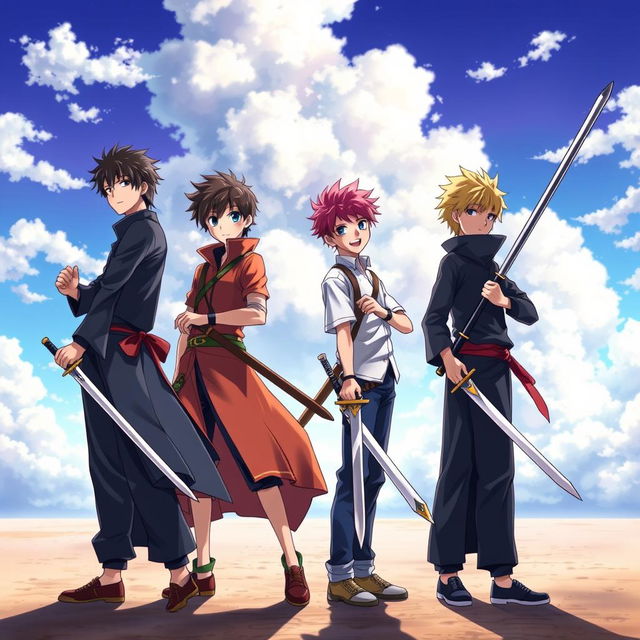 A striking image of four anime brothers standing proudly in an open space, each wielding a different type of sword