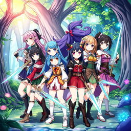 A dynamic group scene featuring eight anime-style sister girls, each holding a sword in hand