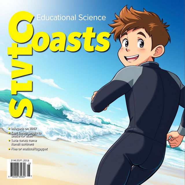 Anime-style cover art for an educational science magazine issue titled 'Coasts', portraying a friendly teen male character in a tight full-body wetsuit, running energetically on a beach towards the ocean while glancing back behind himself with a cheerful and inviting smile