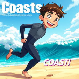 Anime-style cover art for an educational science magazine issue titled 'Coasts', portraying a friendly teen male character in a tight full-body wetsuit, running energetically on a beach towards the ocean while glancing back behind himself with a cheerful and inviting smile