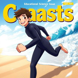 Anime-style cover art for an educational science magazine issue titled 'Coasts', portraying a friendly teen male character in a tight full-body wetsuit, running energetically on a beach towards the ocean while glancing back behind himself with a cheerful and inviting smile