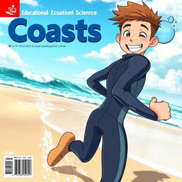 Anime-style cover art for an educational science magazine issue titled 'Coasts', portraying a friendly teen male character in a tight full-body wetsuit, running energetically on a beach towards the ocean while glancing back behind himself with a cheerful and inviting smile