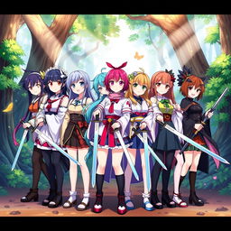 A vibrant and colorful illustration of eight anime sister girls standing together, each holding a sword in hand