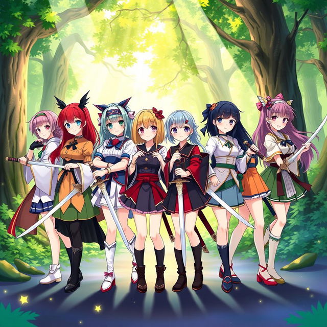 A vibrant and colorful illustration of eight anime sister girls standing together, each holding a sword in hand