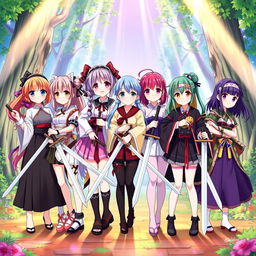 A vibrant and colorful illustration of eight anime sister girls standing together, each holding a sword in hand