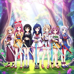 A vibrant and colorful illustration of eight anime sister girls standing together, each holding a sword in hand