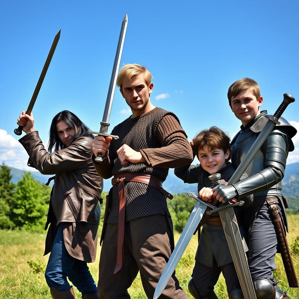 A full HD outdoor photograph of four brothers posed dramatically with swords