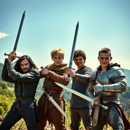 A full HD outdoor photograph of four brothers posed dramatically with swords