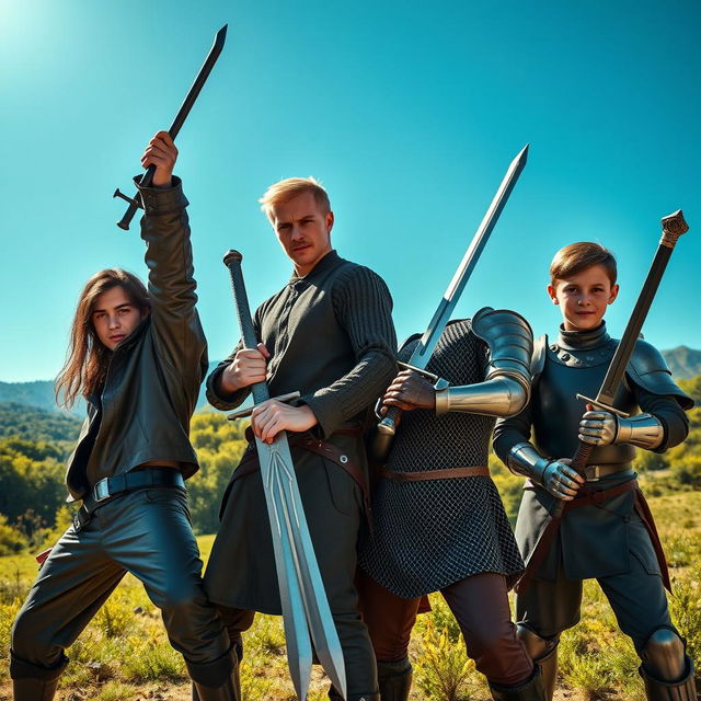 A full HD outdoor photograph of four brothers posed dramatically with swords