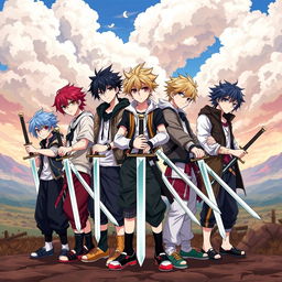 A dynamic and colorful illustration of seven anime brother boys standing together, each wielding a sword in hand