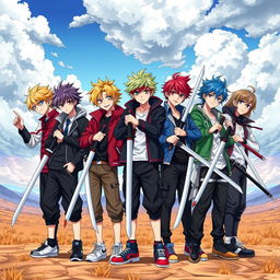 A dynamic and colorful illustration of seven anime brother boys standing together, each wielding a sword in hand