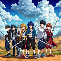 A dynamic and colorful illustration of seven anime brother boys standing together, each wielding a sword in hand