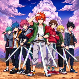 A dynamic and colorful illustration of seven anime brother boys standing together, each wielding a sword in hand