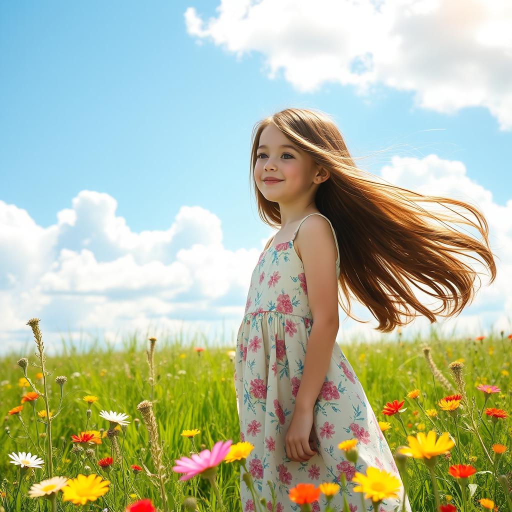 a beautiful girl with long flowing brunette hair, wearing a summer dress with a floral pattern, standing in a sunlit meadow surrounded by colorful wildflowers, a gentle breeze lifting her hair, a bright blue sky overhead with fluffy white clouds, a serene smile on her face as she enjoys the warmth of the sun