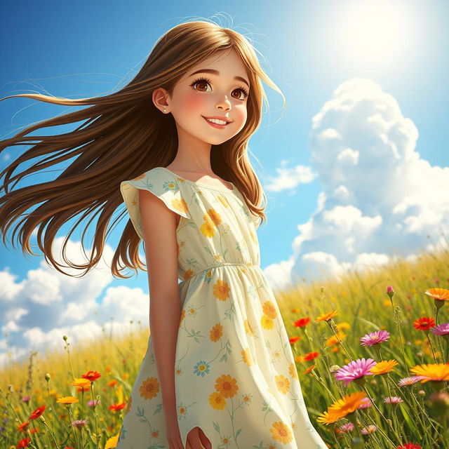 a beautiful girl with long flowing brunette hair, wearing a summer dress with a floral pattern, standing in a sunlit meadow surrounded by colorful wildflowers, a gentle breeze lifting her hair, a bright blue sky overhead with fluffy white clouds, a serene smile on her face as she enjoys the warmth of the sun