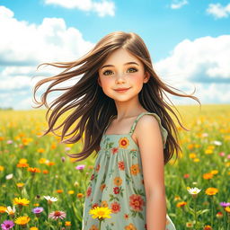 a beautiful girl with long flowing brunette hair, wearing a summer dress with a floral pattern, standing in a sunlit meadow surrounded by colorful wildflowers, a gentle breeze lifting her hair, a bright blue sky overhead with fluffy white clouds, a serene smile on her face as she enjoys the warmth of the sun