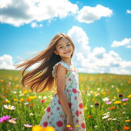 a beautiful girl with long flowing brunette hair, wearing a summer dress with a floral pattern, standing in a sunlit meadow surrounded by colorful wildflowers, a gentle breeze lifting her hair, a bright blue sky overhead with fluffy white clouds, a serene smile on her face as she enjoys the warmth of the sun