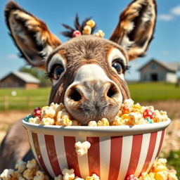 A playful donkey happily munching on a large bowl of colorful popcorn, with bits of popcorn scattered around