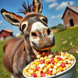 A playful donkey happily munching on a large bowl of colorful popcorn, with bits of popcorn scattered around