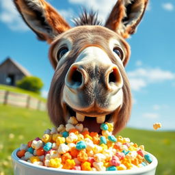 A playful donkey happily munching on a large bowl of colorful popcorn, with bits of popcorn scattered around