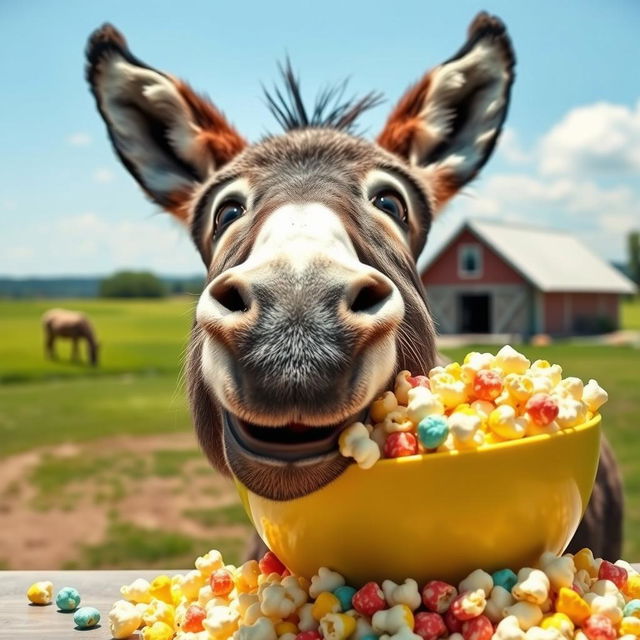 A playful donkey happily munching on a large bowl of colorful popcorn, with bits of popcorn scattered around