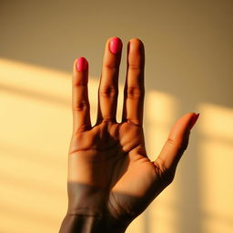 A close-up shot of a hand holding up three fingers in a gentle gesture, against a softly blurred background