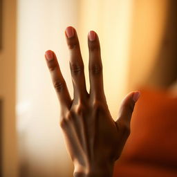 A close-up shot of a hand holding up three fingers in a gentle gesture, against a softly blurred background