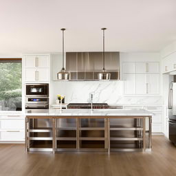 A well-lit, modern kitchen with stainless steel appliances, white cabinets, and a large island in the center.