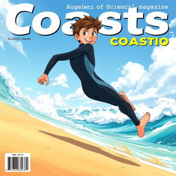 Anime-style cover art for an educational science magazine issue titled 'Coasts', illustrating a friendly teen male character in a sleek wetsuit, running energetically on a sandy beach towards the ocean while glancing back over his shoulder with a joyful expression
