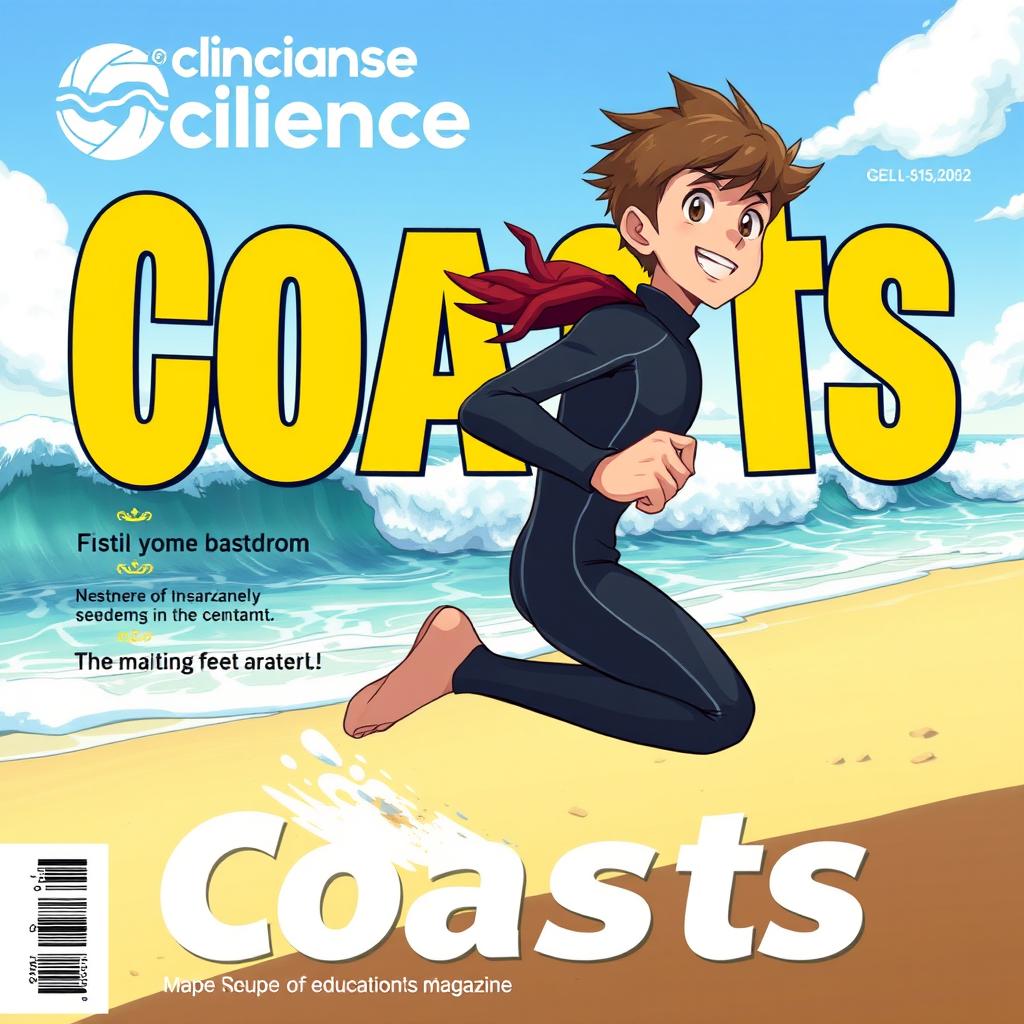 Anime-style cover art for an educational science magazine issue titled 'Coasts', illustrating a friendly teen male character in a sleek wetsuit, running energetically on a sandy beach towards the ocean while glancing back over his shoulder with a joyful expression