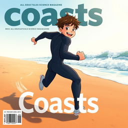Anime-style cover art for an educational science magazine issue titled 'Coasts', illustrating a friendly teen male character in a sleek wetsuit, running energetically on a sandy beach towards the ocean while glancing back over his shoulder with a joyful expression