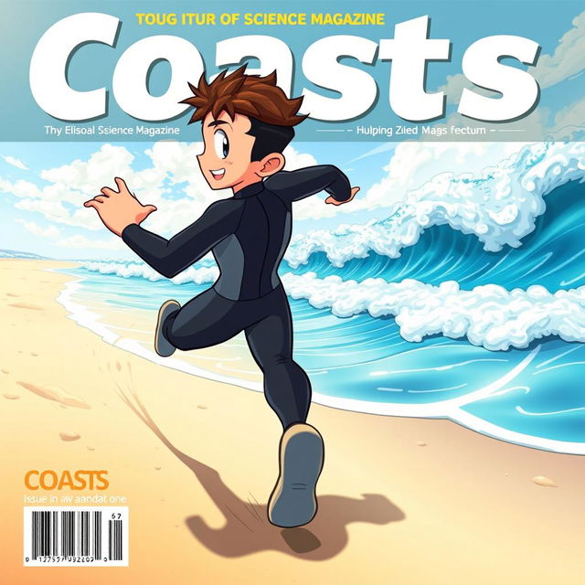 Anime-style cover art for an educational science magazine issue titled 'Coasts', illustrating a friendly teen male character in a sleek wetsuit, running energetically on a sandy beach towards the ocean while glancing back over his shoulder with a joyful expression