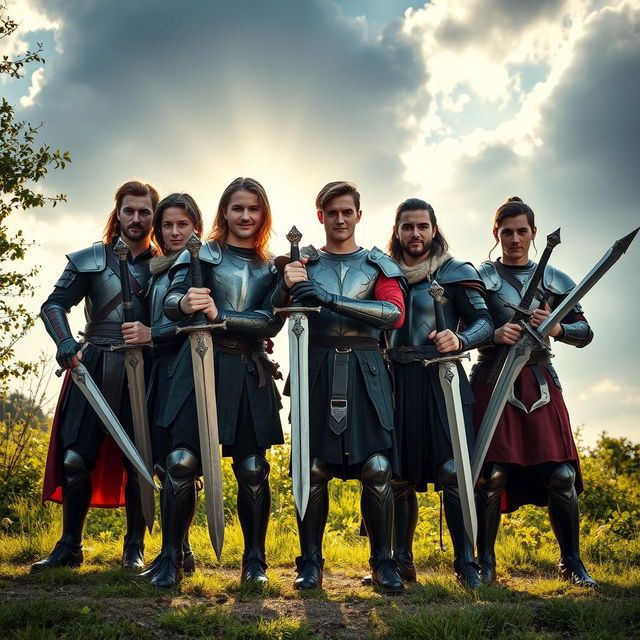 A striking image of six brothers standing proudly together in an outdoor setting, each wielding unique swords