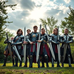 A striking image of six brothers standing proudly together in an outdoor setting, each wielding unique swords