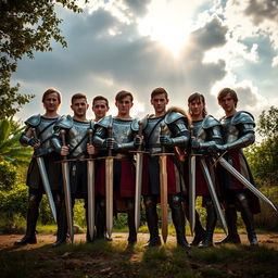 A striking image of six brothers standing proudly together in an outdoor setting, each wielding unique swords