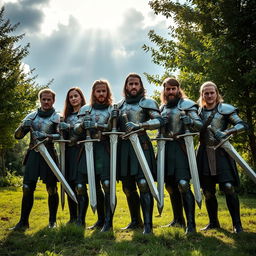 A striking image of six brothers standing proudly together in an outdoor setting, each wielding unique swords