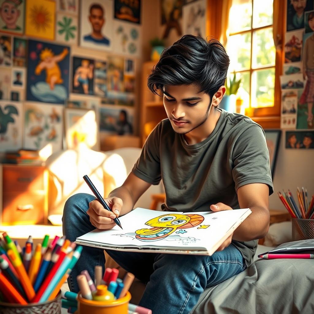 A young man named Nirosh sitting and drawing on a sketchpad, focused and deep in thought