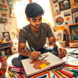A young man named Nirosh sitting and drawing on a sketchpad, focused and deep in thought
