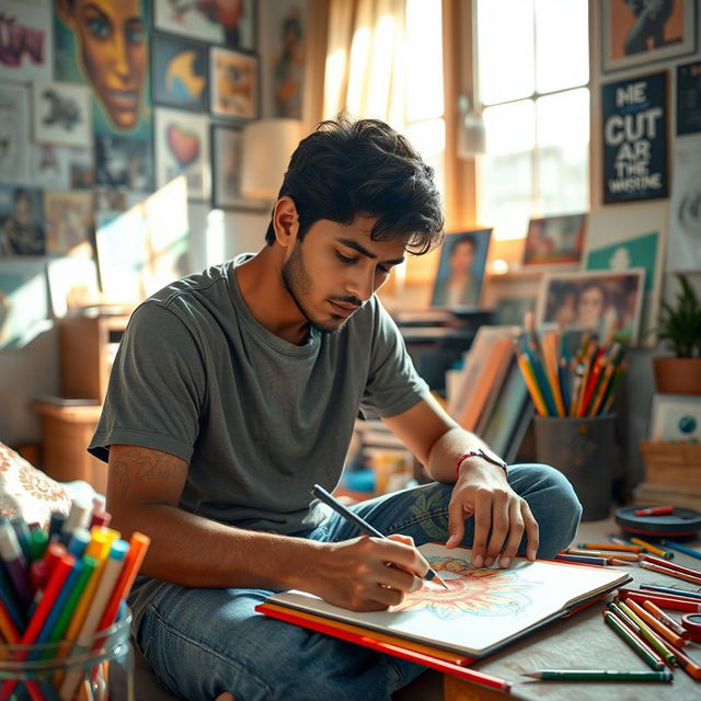 A young man named Nirosh sitting and drawing on a sketchpad, focused and deep in thought