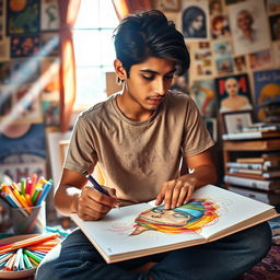 A young man named Nirosh sitting and drawing on a sketchpad, focused and deep in thought