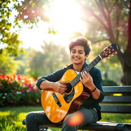 A young artist named Nirosh with a charming smile, playing an acoustic guitar while sitting on a park bench