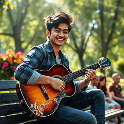 A young artist named Nirosh with a charming smile, playing an acoustic guitar while sitting on a park bench