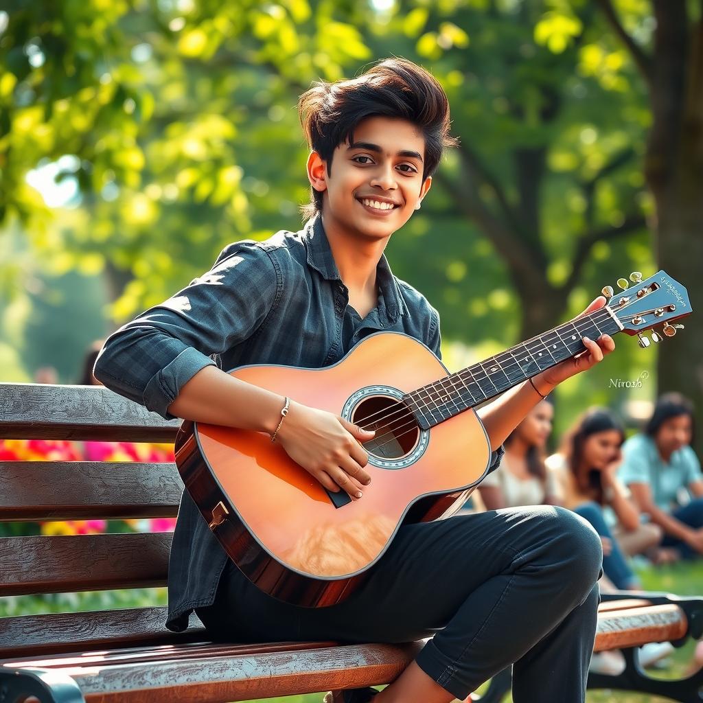 A young artist named Nirosh with a charming smile, playing an acoustic guitar while sitting on a park bench