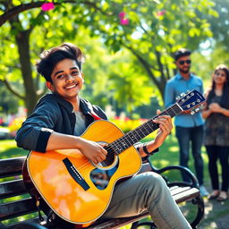 A young artist named Nirosh with a charming smile, playing an acoustic guitar while sitting on a park bench