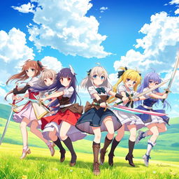 A captivating scene featuring eight anime sisters, each wielding unique swords, set in a vibrant open space