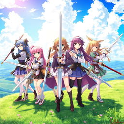 A captivating scene featuring eight anime sisters, each wielding unique swords, set in a vibrant open space