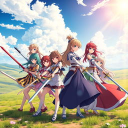 A captivating scene featuring eight anime sisters, each wielding unique swords, set in a vibrant open space