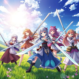 A captivating scene featuring eight anime sisters, each wielding unique swords, set in a vibrant open space