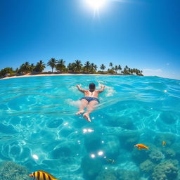 A serene and picturesque scene of a person swimming in the crystal clear blue ocean