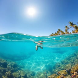 A serene and picturesque scene of a person swimming in the crystal clear blue ocean